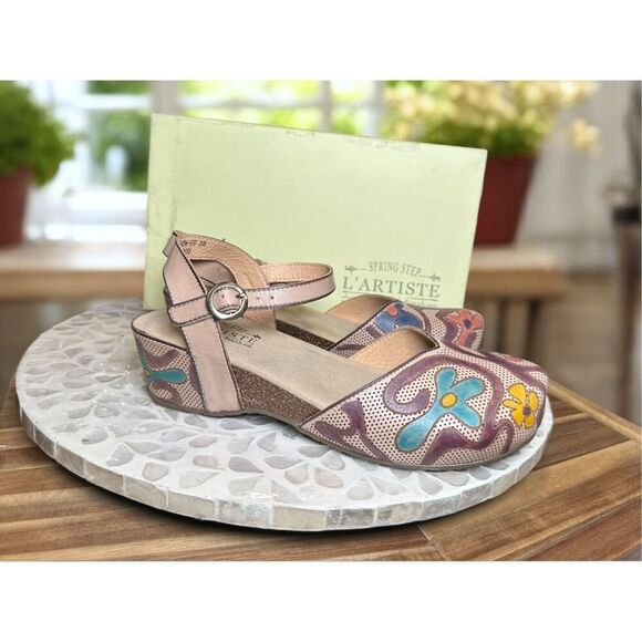 Spring Step L’Artiste Leoluv Mary Jane Sandals 38 US 7.5-8 Beige Multi Handpaint - Picture 4 of 16